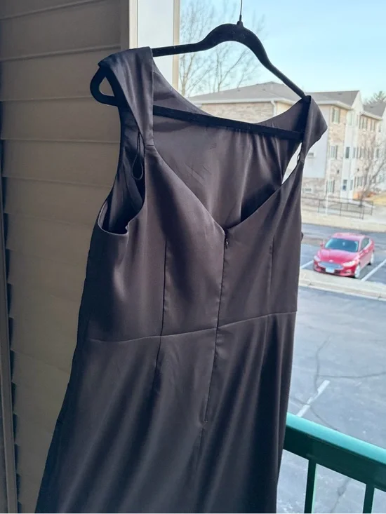 🆕✨ Aidan Mattox Adrianna Papell Black Satin Sheath Dress Midi Size 16 Classic - Picture 7 of 17